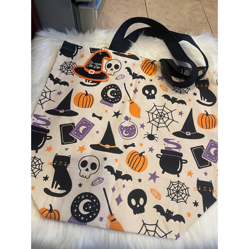 Beige Halloween Orange Purple Black Cat Bat Pumpkins Skull Canvas Tote Bag New